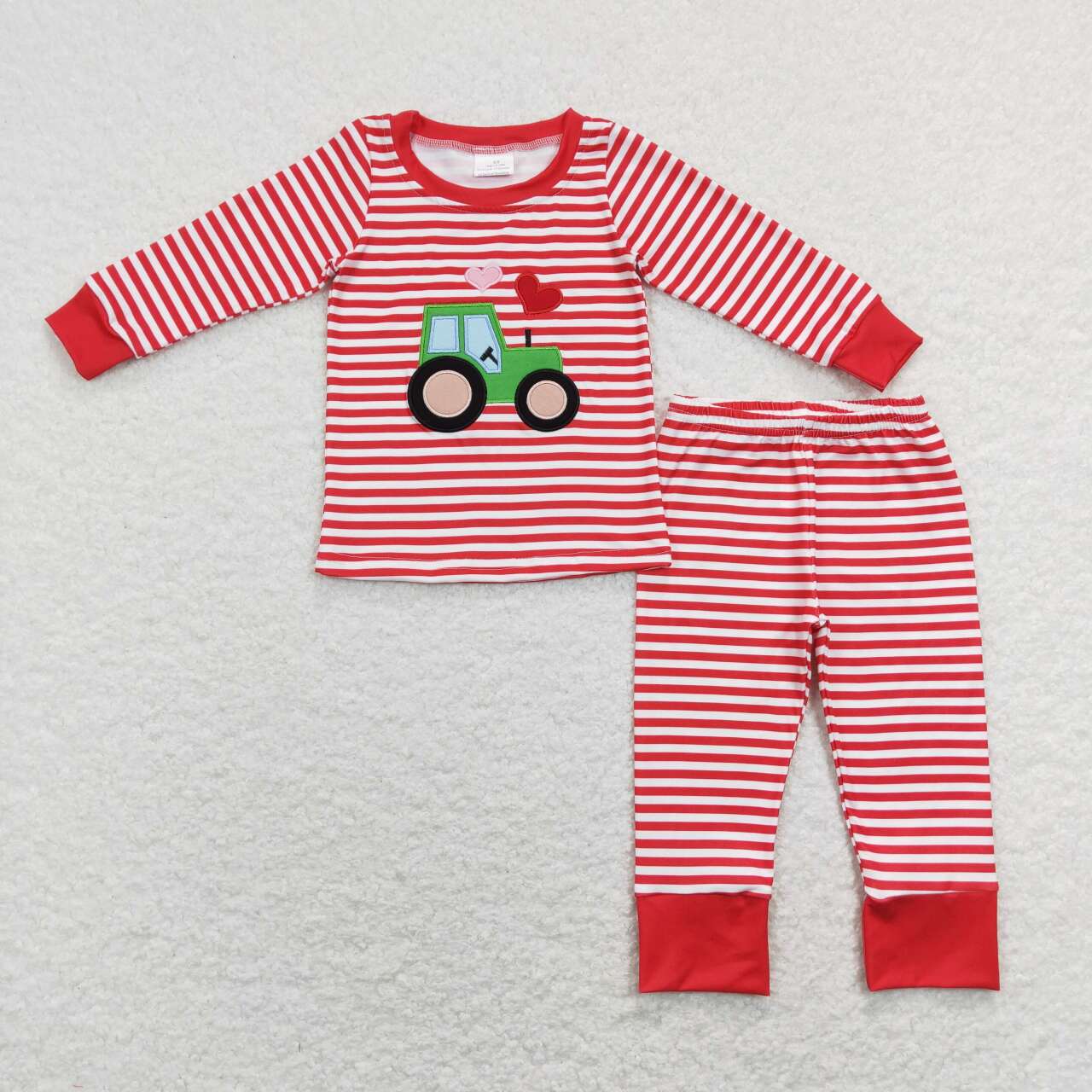 BLP0438 Tractors Red Stripes Boys Valentine's Pajamas Clothes Set