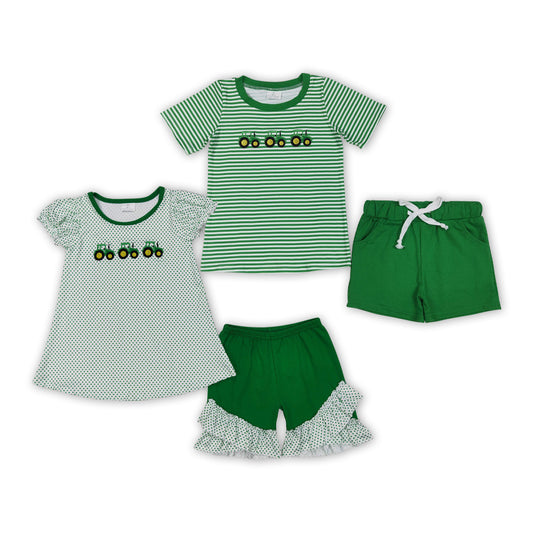 Tractors Embroidery Stripes Top Green Shorts Kids Summer Clothes Set Sibling Wear