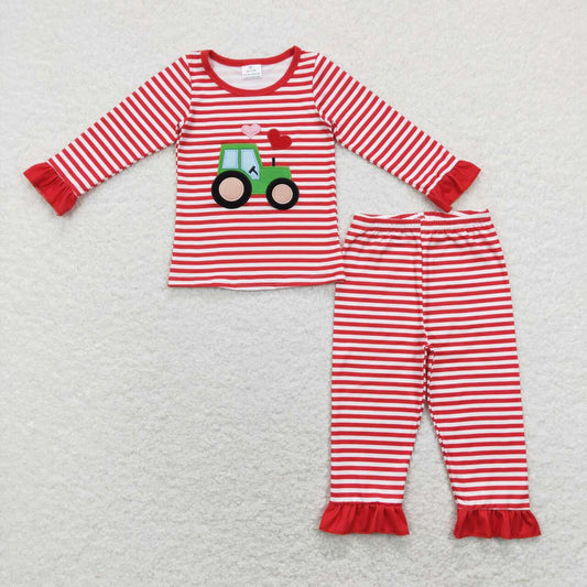 GLP1077 Tractors Embroidery Red Stripes Girls Valentine's Pajamas Clothes Set