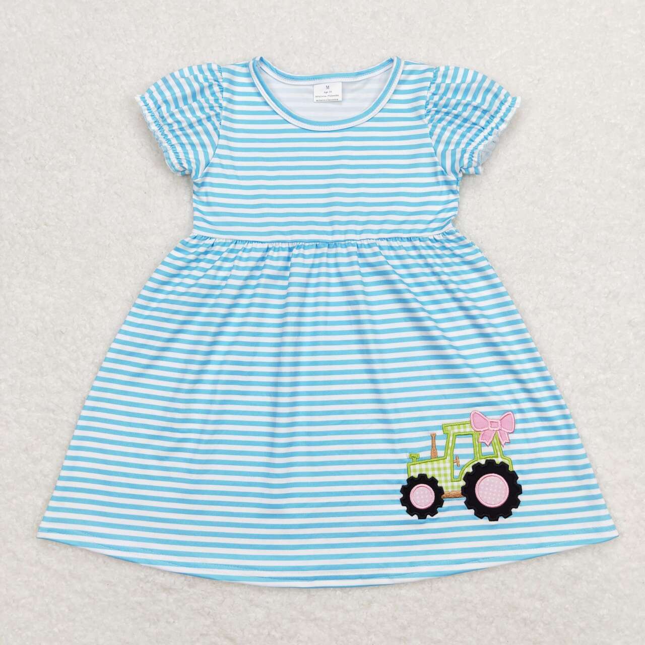 GSD0835 Tractors Embroidery Blue Stripes Girls Summer Knee Length Dress