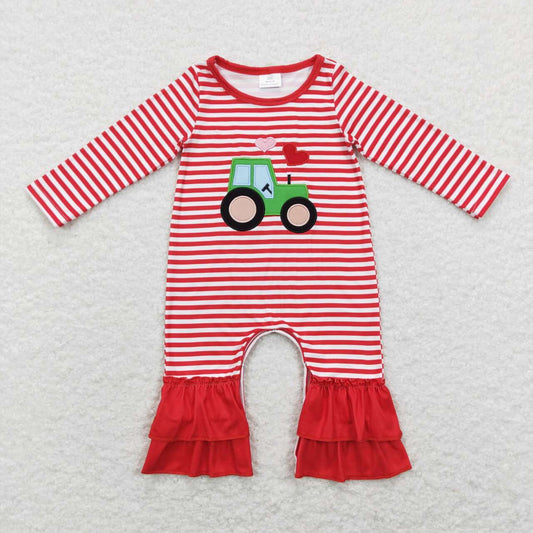 LR0847  Tractors Embroidery Red Stripes Girls Valentine's Romper