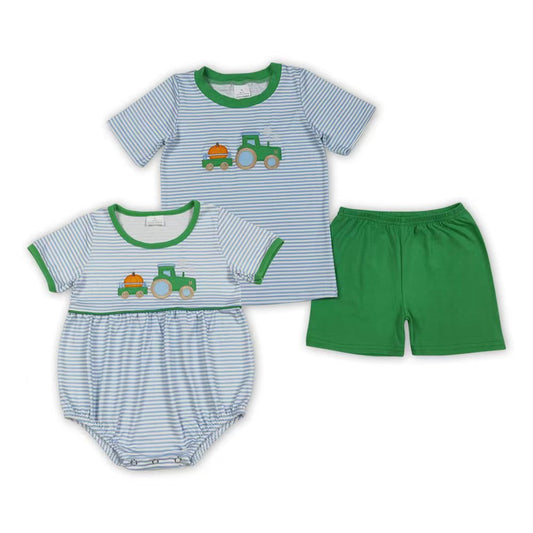 Tractors Pumpkin Embroidery Stripes Print Boys Fall Clothes Brothers Matching Wear