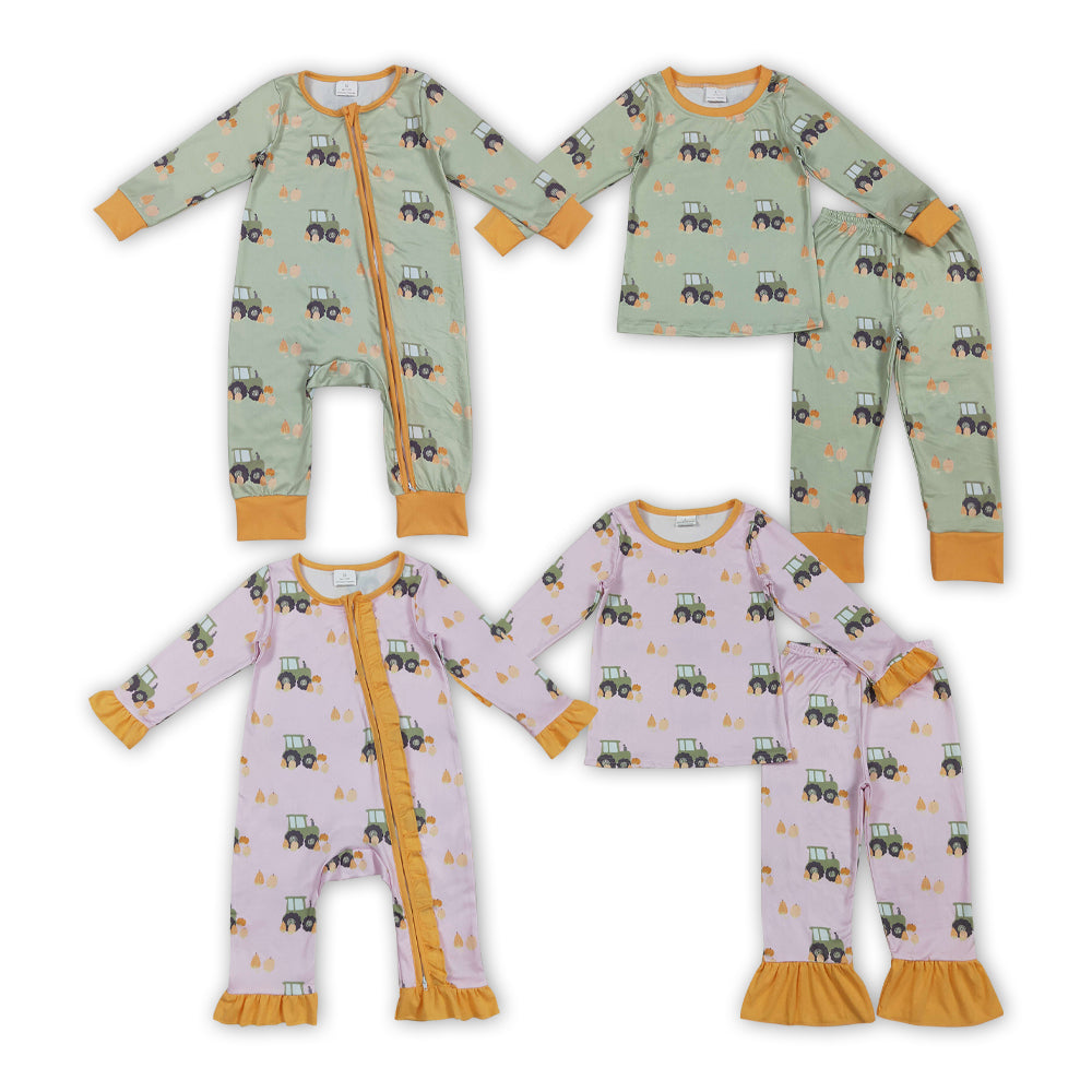 Tractors Pumpkin Print Kids Fall Pajamas Matching Clothes Sibling Wear