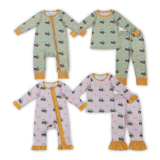 Tractors Pumpkin Print Kids Fall Pajamas Matching Clothes Sibling Wear
