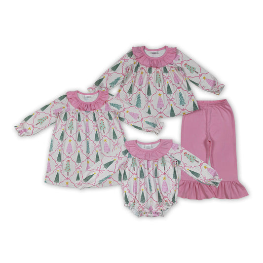 Tree Bows Print Girls Christmas Clothes Sisters Matching Wear