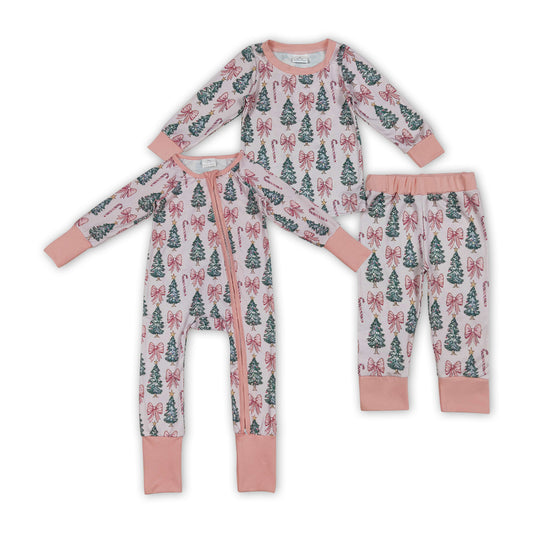 Tree Bows Pink Print Girls Christmas Pajamas Matching Clothes