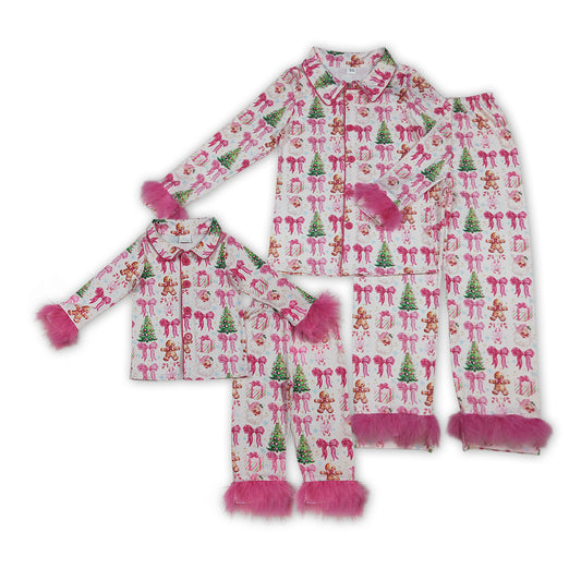 Tree Gingerbread Santa Bows Print Mom and Me Matching Christmas Buttons Fur Pajamas Family Clothes Set