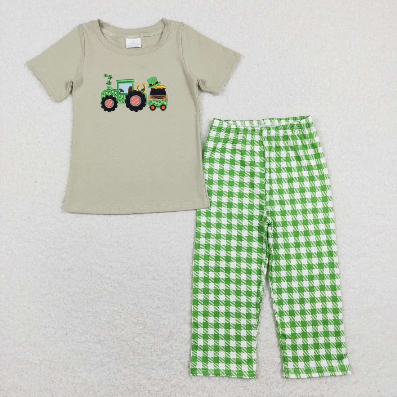 BSPO0276 Quatrefoil Tractors Embroidery Grey Top Plaid Pants Boys St. Patrick's Clothes Set