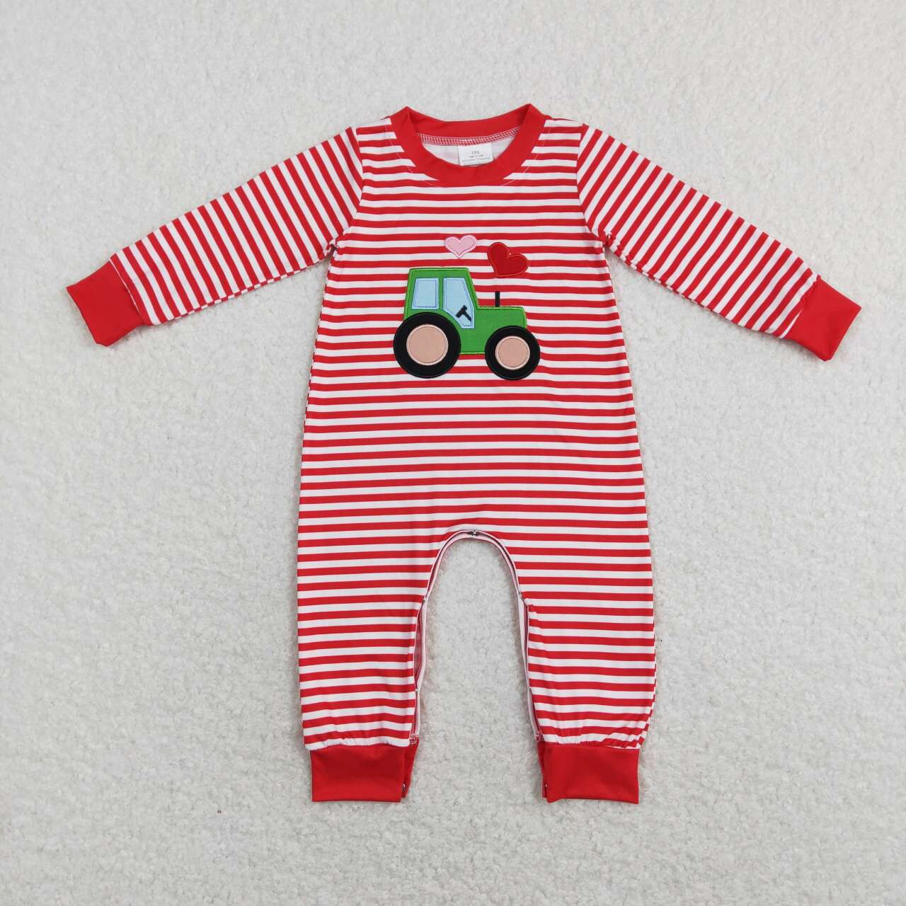 LR0846  Tractors Embroidery Red Stripes Print Boys Valentine's Romper