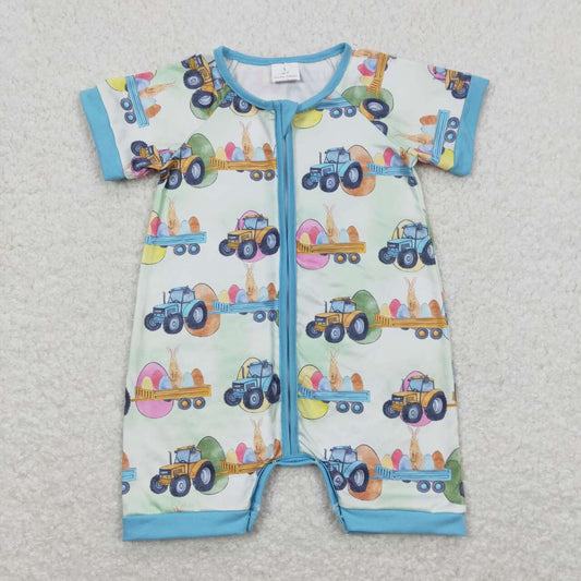 SR0883  Truck Eggs Bunny Print Baby Boys Easter Zipper Romper