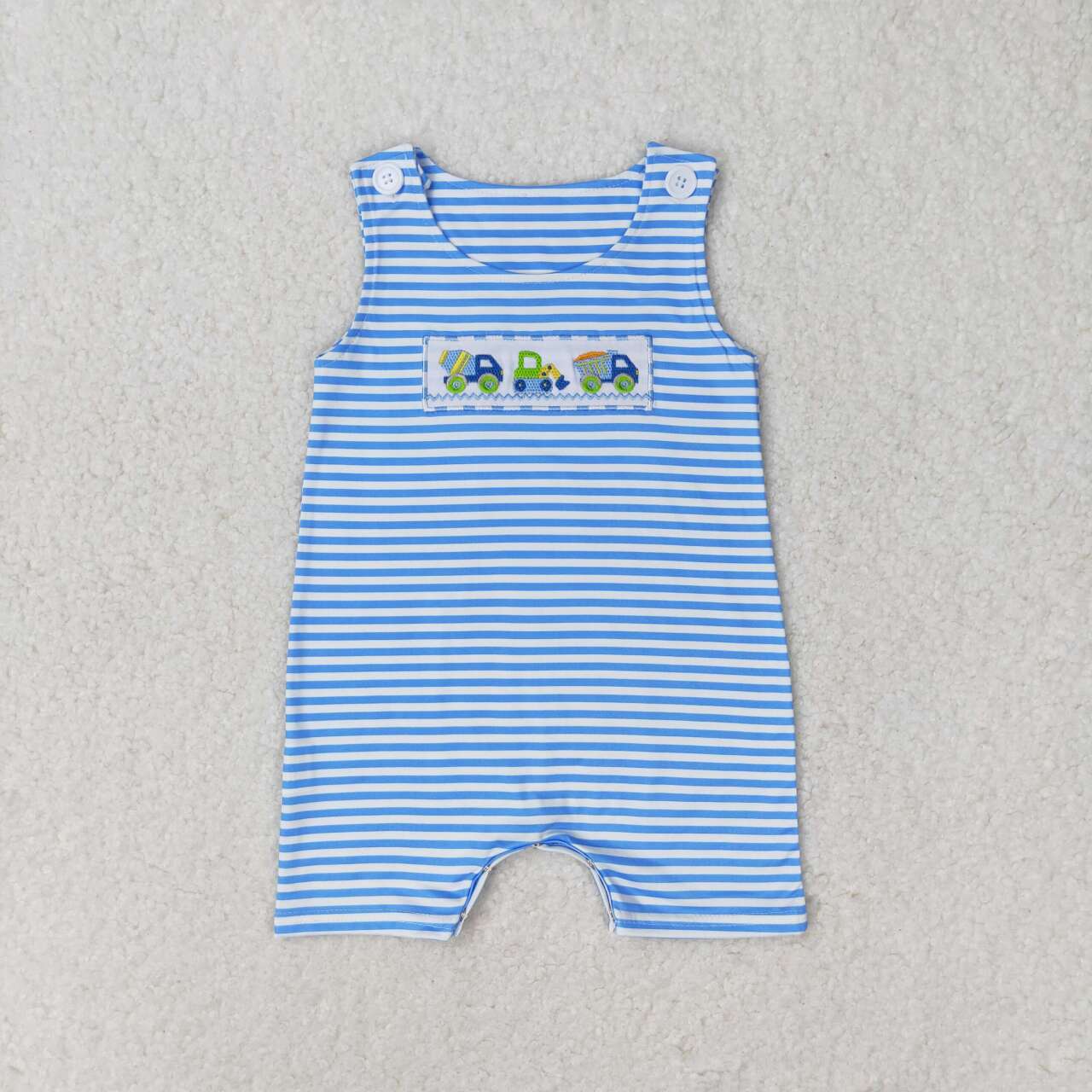 SR1005 Construction Embroidery Blue Stripes Print Baby Boys Summer Romper