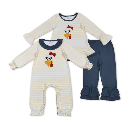 Turkey Embroidery Stripes Girls Thanksgiving Clothes Sisters Matching Wear