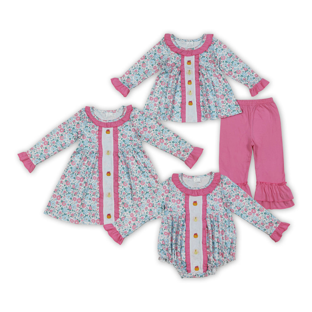 Turkey Pumpkin Embroidery Flowers Print Girls Thanksgiving Clothes Sisters Matching Wear