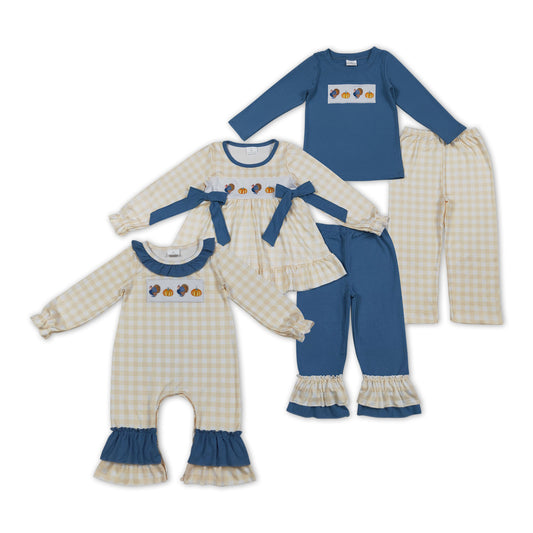 Turkey Pumpkin Embroidery Plaid Print Kids Thanksgiving Clothes Sibling Matching Wear
