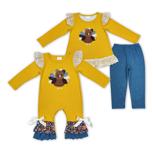 Turkey Embroidery Mustard Sisters Thanksgiving Matching Clothes