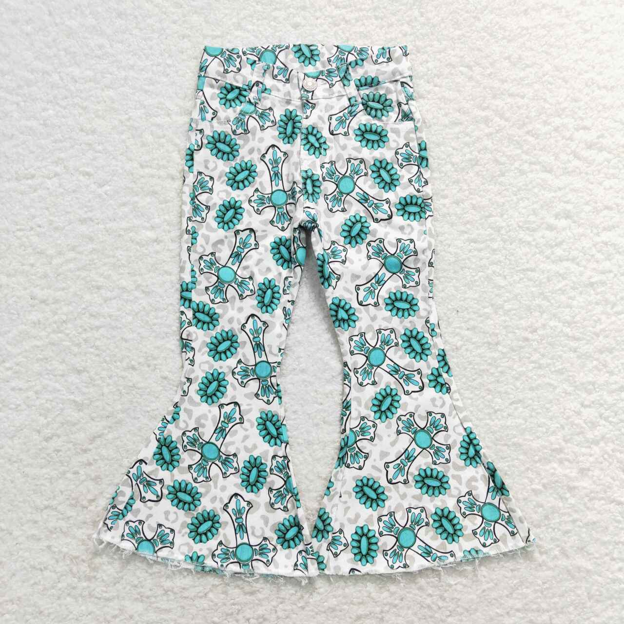 P0414 Turquoise Cross Denim Easter Jeans Girls Pants