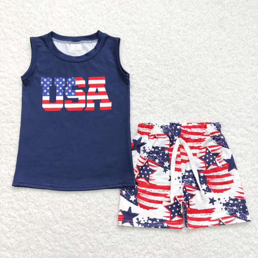 BSSO0461 USA Flags Stars Print Boys 4th of July Clothes Set