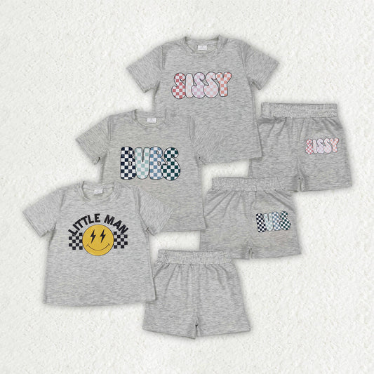 Vinyl Top Grey Shorts Kids Summer Clothes Set Sibling Outfits