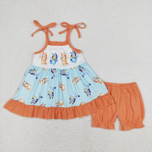 GSSO0720  Cartoon Dog Tunic Strap Top Orange Shorts Girls Summer Clothes Set