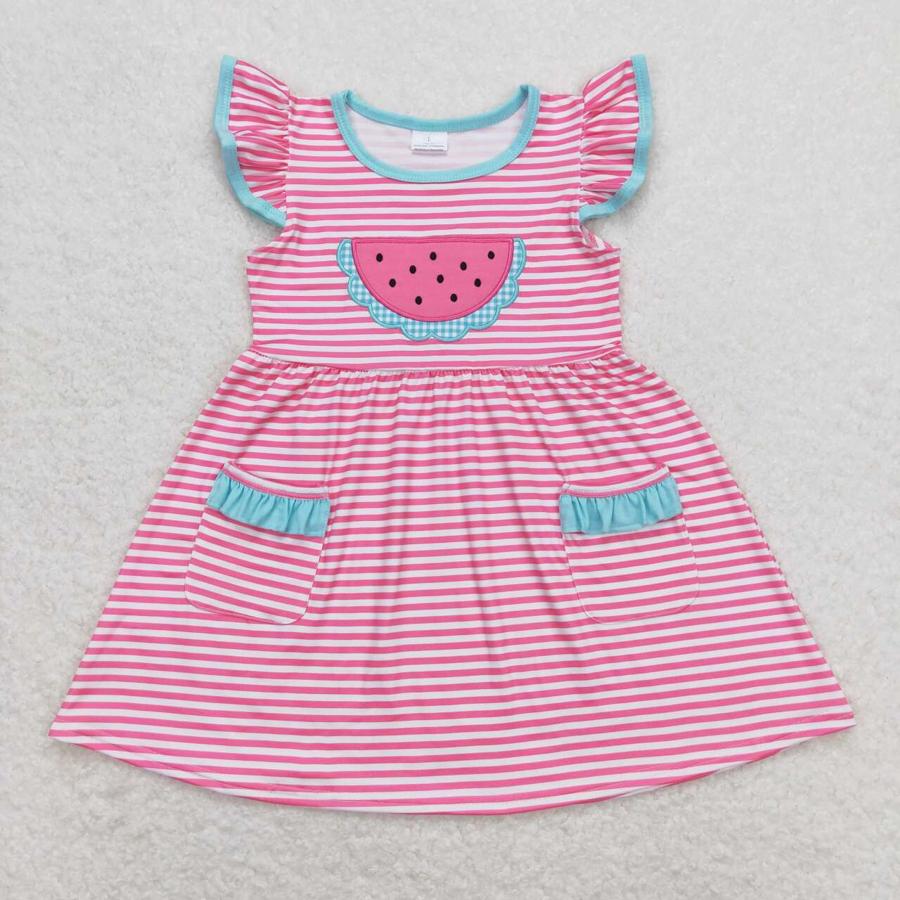 GSD0964 Watermelon Embroidery Stripes Print Pockets Girls Knee Length Summer Dress