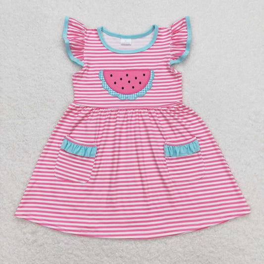 GSD0964 Watermelon Embroidery Stripes Print Pockets Girls Knee Length Summer Dress