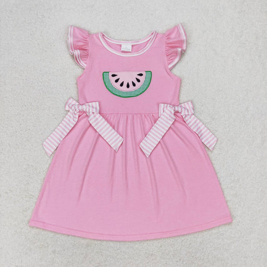 GSD1104  Pink Watermelon Embroidery Girls Knee Length Summer Dress