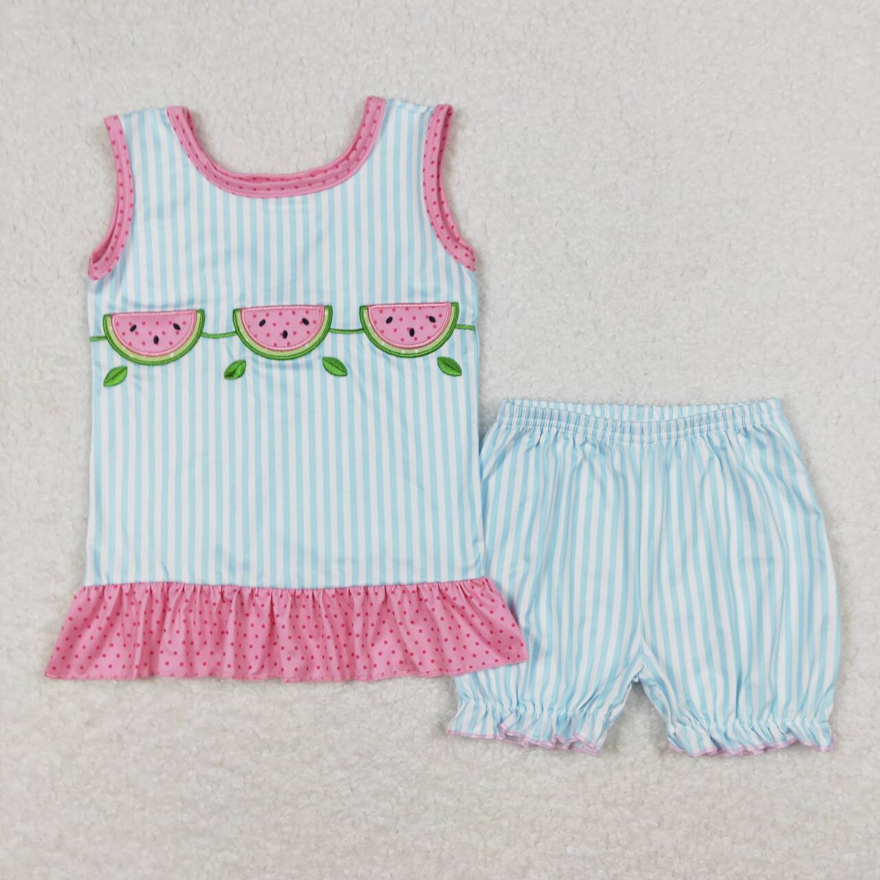 GSSO0398 Watermelon Embroidery Blue Stripes Girls Summer Clothes Set