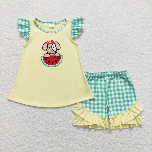 GSSO0483 Dog Watermelon Embroidery Yellow Top Plaid Shorts Girls Summer Clothes Set