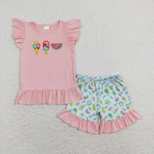 GSSO0509  Ice Cone Watermelon Embroidery Top Ruffle Shorts Girls Summer Clothes Set