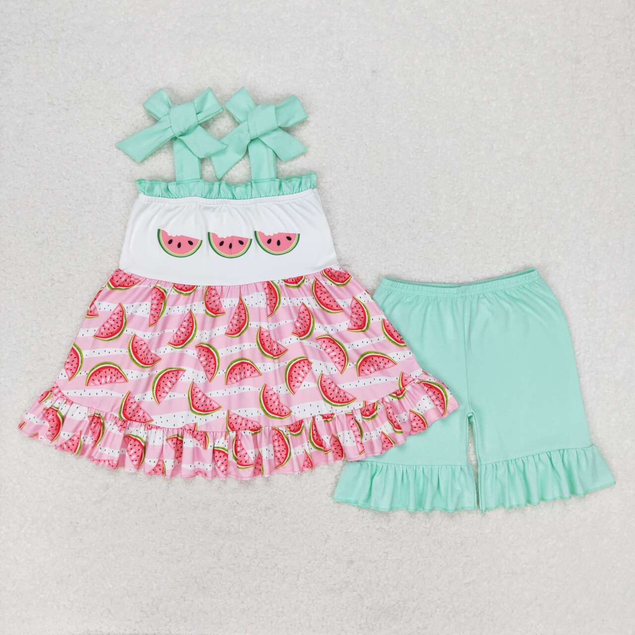 GSSO0709  Watermelon Strap Tunic Top Ruffle Shorts Girls Summer Clothes Set