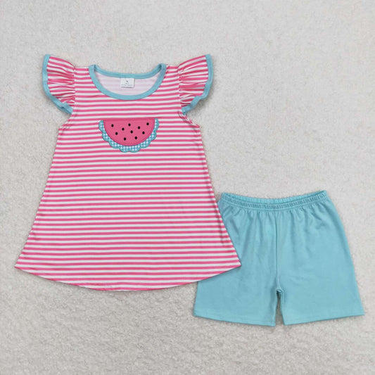 GSSO0834  Watermelon Embroidery Stripes Top Blue Shorts Girls Summer Clothes Set