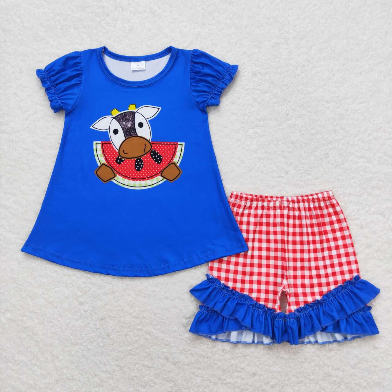 GSSO1048  Watermelon Cow Blue Top Red Plaid Shorts Girls Summer Clothes Set