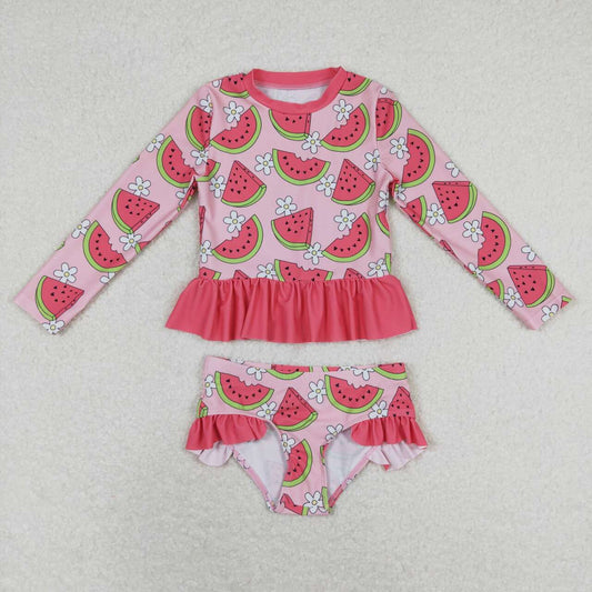 S0264 Watermelon Print Girls 2 Pieces Long Sleeve Swimsuits
