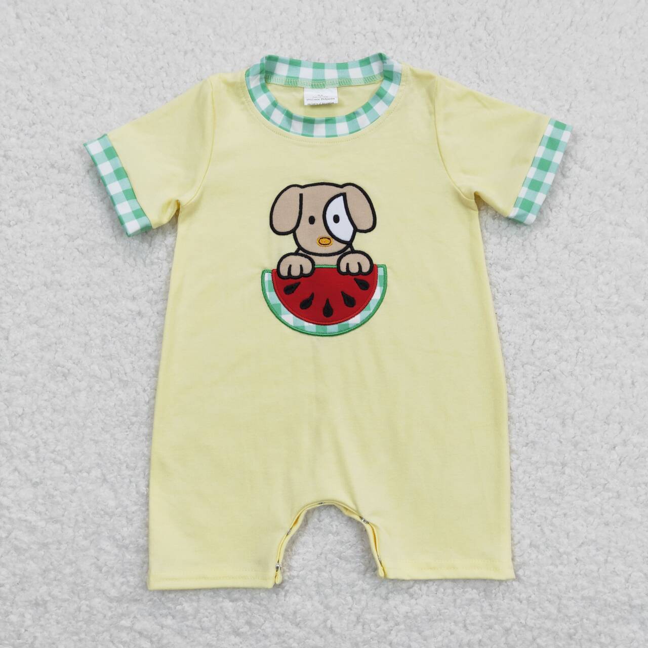 SR0788 Dog Watermelon Embroidery Yellow Baby Boys Summer Romper