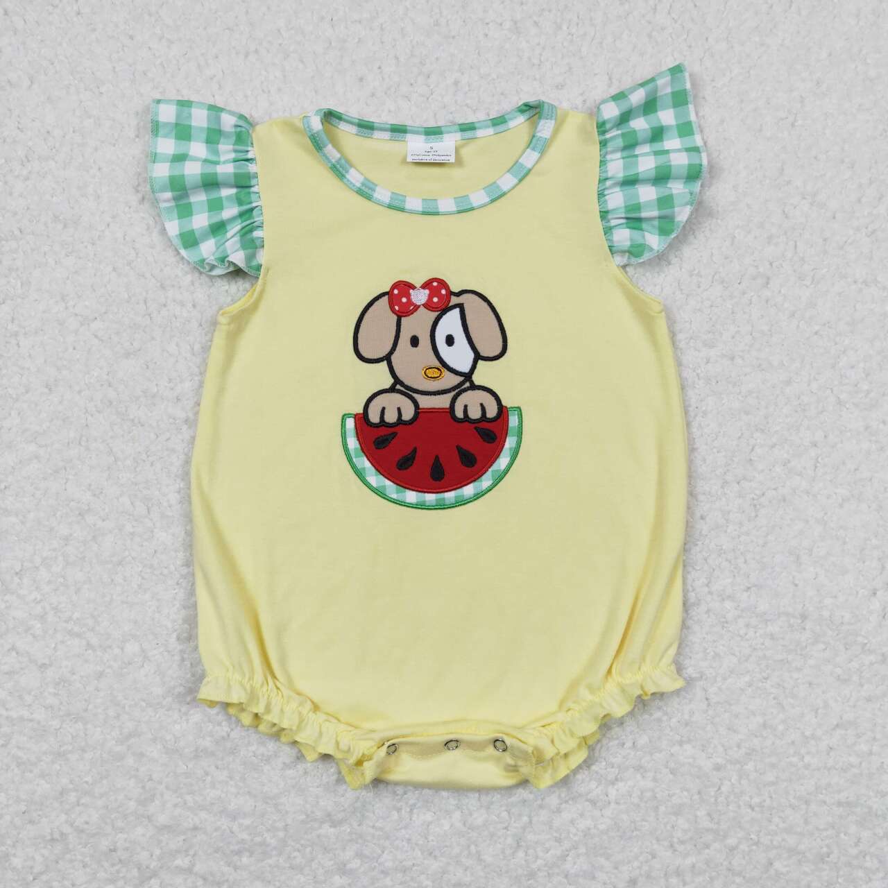 SR0789 Dog Watermelon Embroidery Yellow Baby Girls Summer Romper