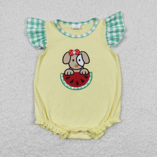 SR0789 Dog Watermelon Embroidery Yellow Baby Girls Summer Romper