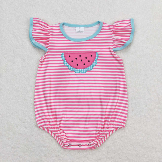 SR1268 Watermelon Embroidery Stripes Print Baby Girls Summer Romper