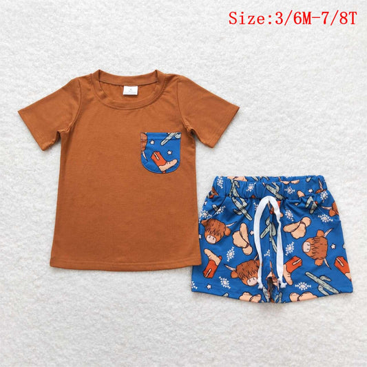 BSSO0542 Brown Pocket Top Highland Cow Cactus Shorts Boys Western Summer Clothes Set