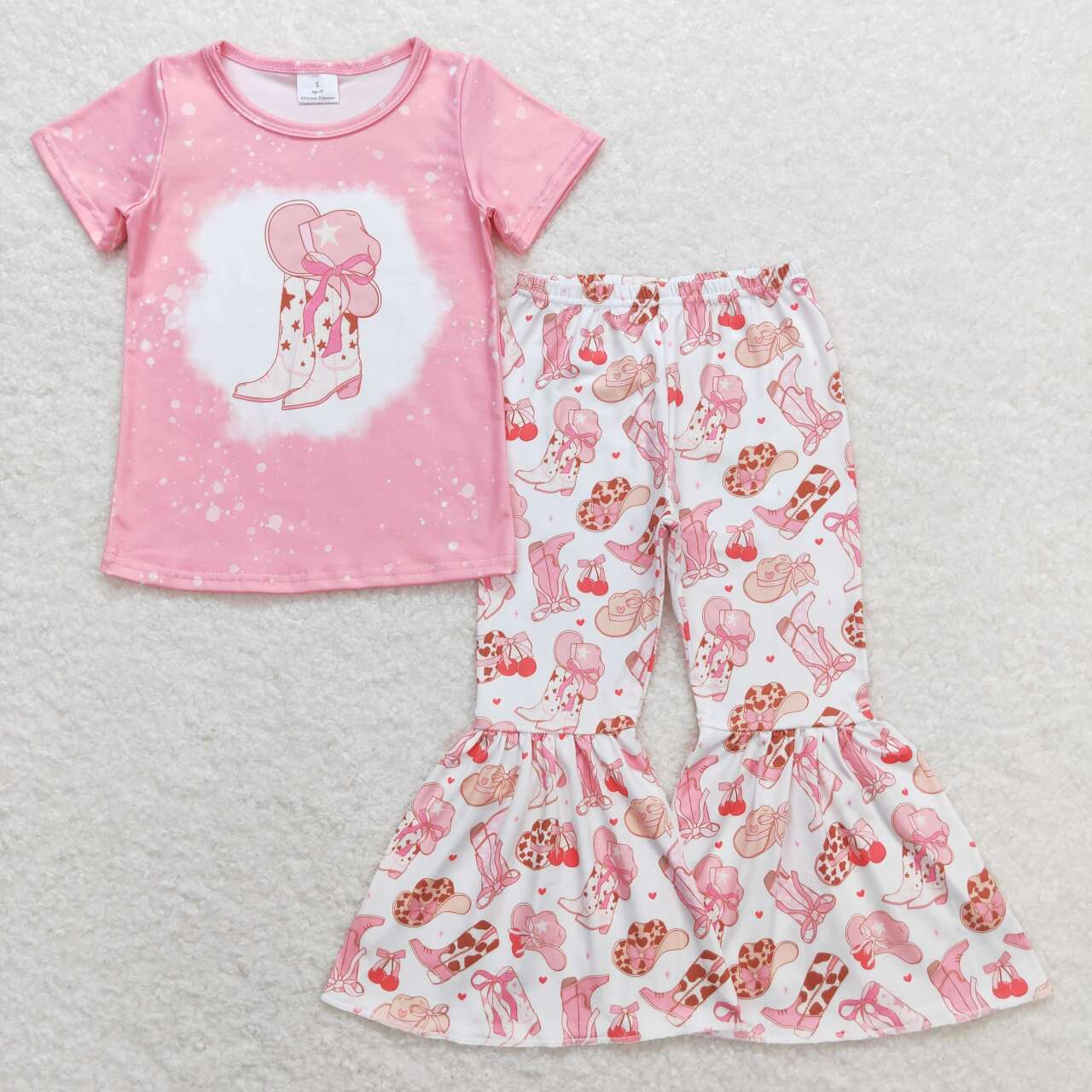 GSPO1453  Boots Hat Pink Print Girls Bell Pants Western Clothes Set