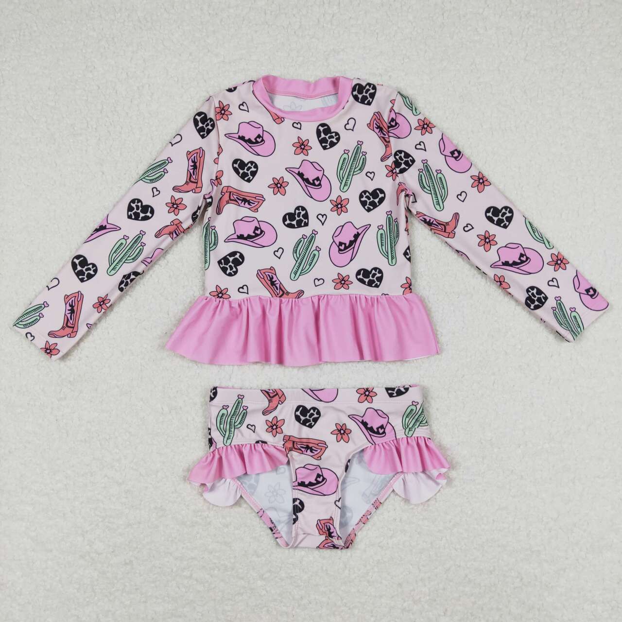 S0262 Pink Hat Boots Cactus Western Print Girls 2 Pieces Long Sleeve Swimsuits