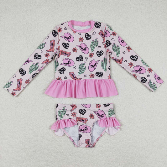 S0262 Pink Hat Boots Cactus Western Print Girls 2 Pieces Long Sleeve Swimsuits