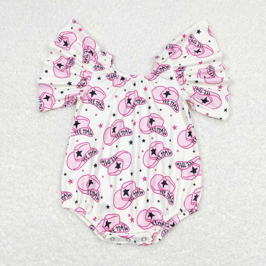 SR0709  Pink Western Hat Print Baby Girls Summer Romper