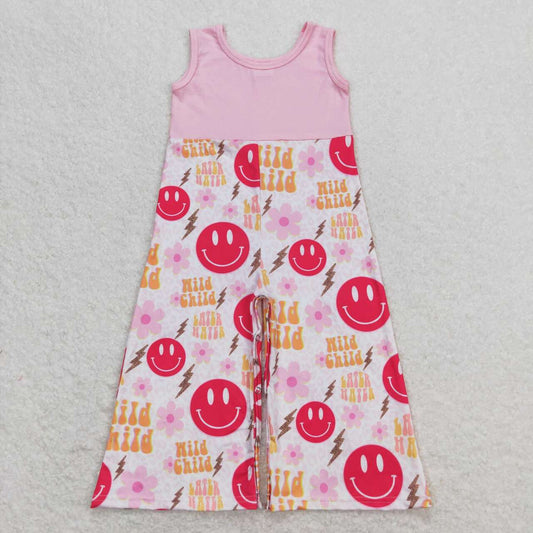 SR1195 Flowers Wild Child Smiling Face Print Girls Summer Jumpsuits