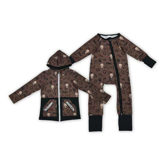 Wild Cow Skull Brown Print Boys Western Clothes Brothers Matching Wear