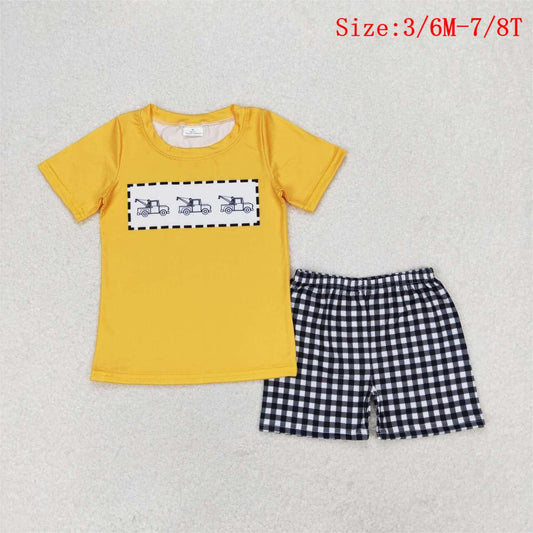 BSSO0820  Construction Yellow Top Plaid Shorts Boys Summer Clothes Set