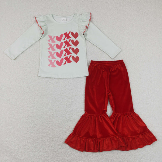 GLP1142 XOXO Top Red Velvet Bell Pants Girls Valentine's Clothes Set