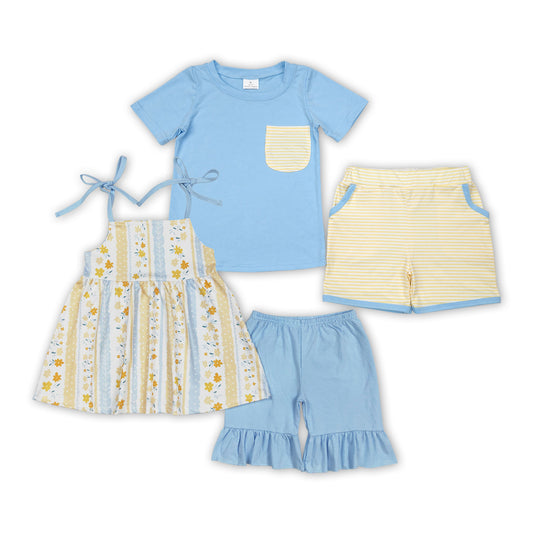 Yellow Flowers Blue Sibling Summer Matching Clothes Set
