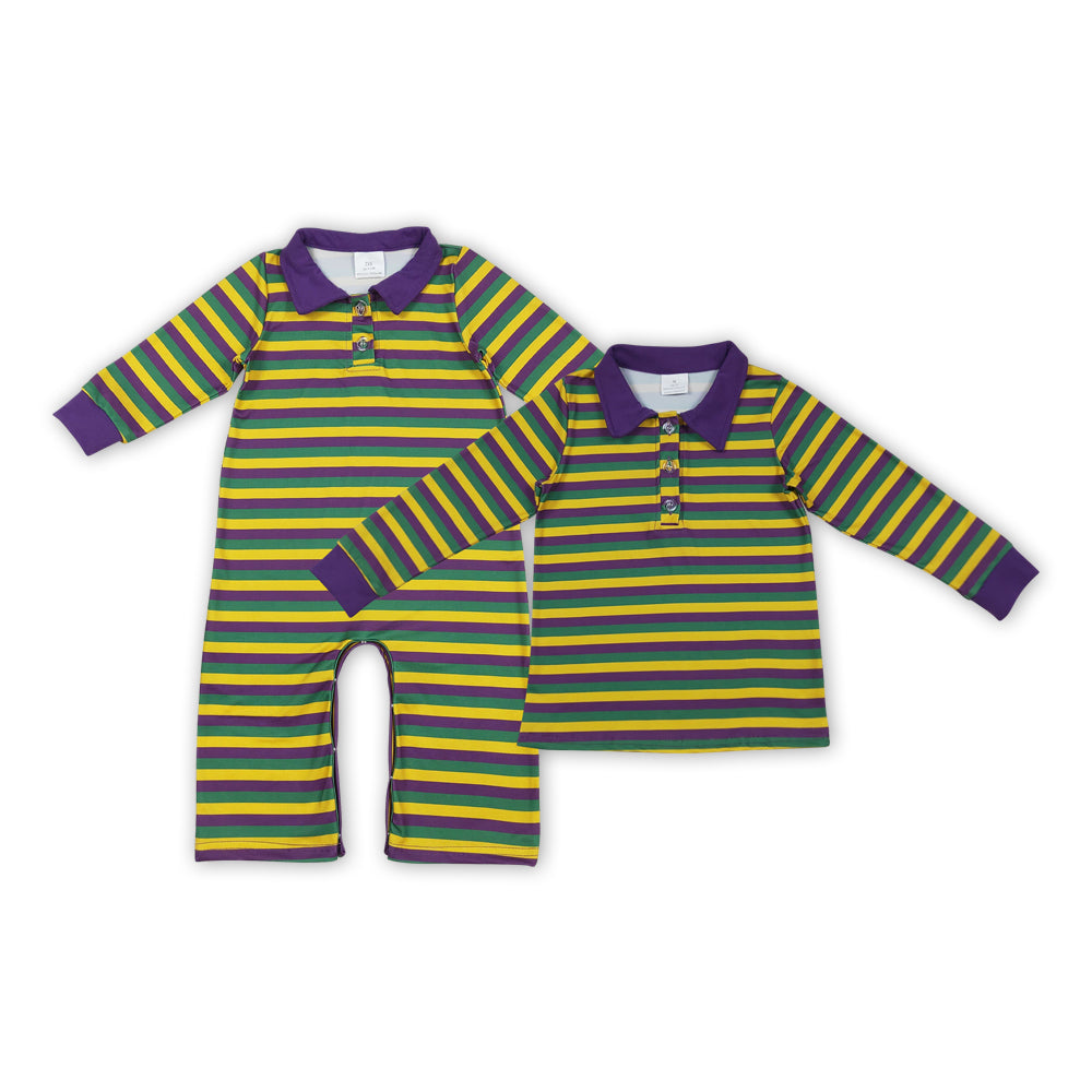 Yellow Purple Green Stripes Print Boys Mardi Gras Matching Clothes Brothers Wear