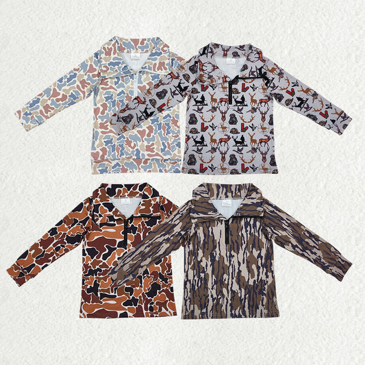 Camo Print Boys Hunting Zipper Pullover Tee Shirts Top Brothers Wear