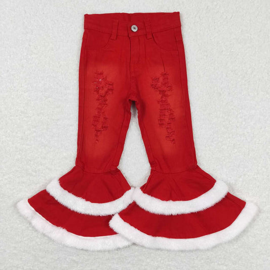 P0334  Red Denim Sherpa Ruffles Bell Bottom Jeans Christmas Pants